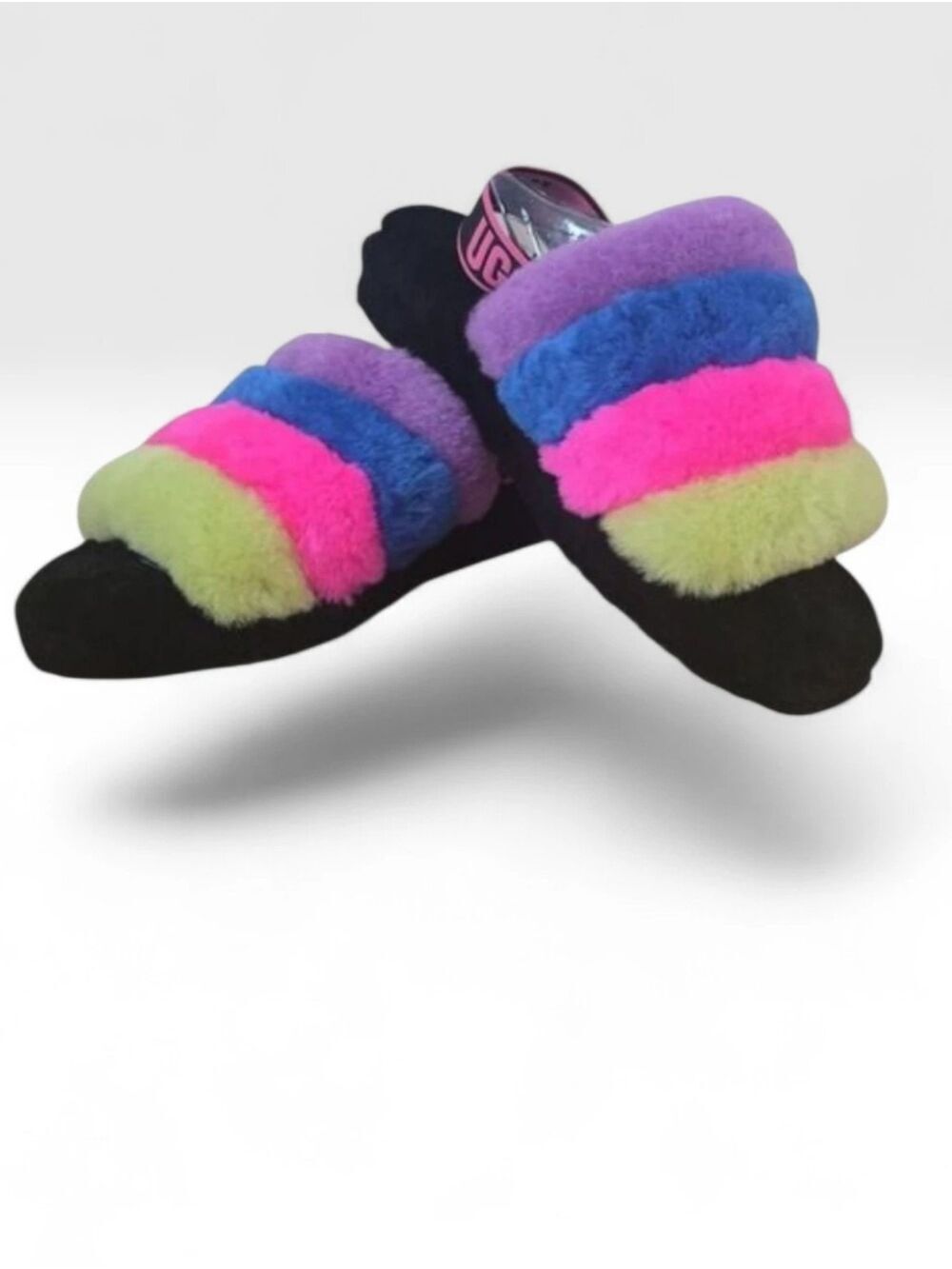 UGG Fluff Yeah Slide Sandals Size 8 Black Taffy Pink Multi !Like New!